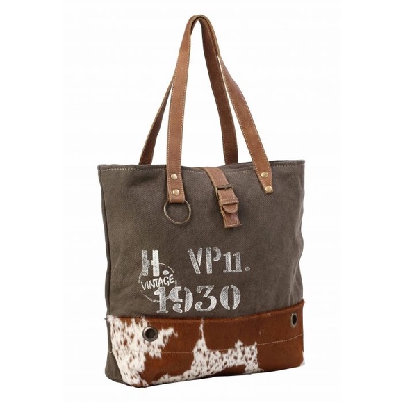 Myra Bag-Vintage 1930 White print canvas/leather cowhide tote bag- NWT LAST 1! - Picture 2 of 4